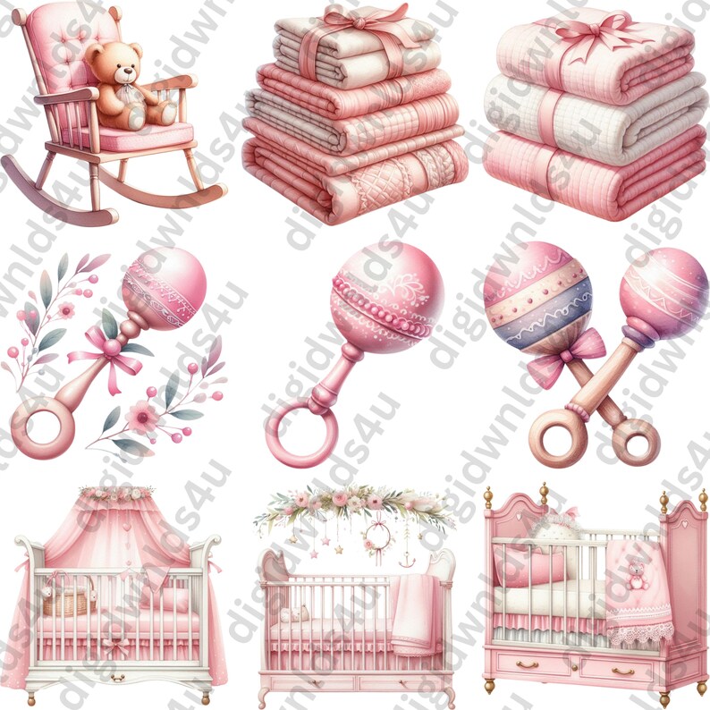 Featured here are nine of the 72 Pretty in Pink images included in this bundle which is one rocking chair with a teddy bear sitting in it, two stacks of baby blankets held together with ribbons, three rattles, and three fancy cribs.