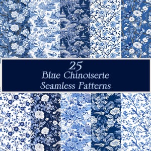 Paquete de descarga digital PNG de patrones sin costuras de estilo chino azul - Impresión asiática - Diseño del hogar - Uso comercial y POD - Diseño de arte oriental
