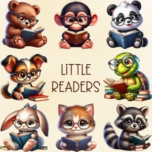 Op de afbeelding: Een illustratie met schattige cartoon dieren, waaronder een beer, aap, panda, hond, schildpad, konijn, kat en wasbeer, die allemaal een bril dragen en boeken lezen. De tekst "LITTLE READERS" is in bruin weergegeven.