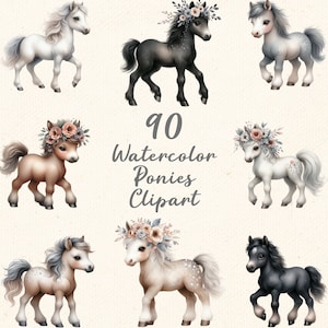Pacote com 90 clipart de pôneis em aquarela, PNG e SVG para download por sublimação - Arte para berçário de cavalos - Uso comercial e em POD - Quarto de criança e bebê
