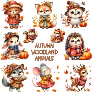 May include: A collection of adorable cartoon woodland animals, including a bear, fox, owl, bunny, squirrel, hedgehog, wolf, mouse, and deer. Each animal is dressed in autumn attire and surrounded by fall leaves and pumpkins. The text "AUTUMN WOODLAND ANIMALS" is displayed.