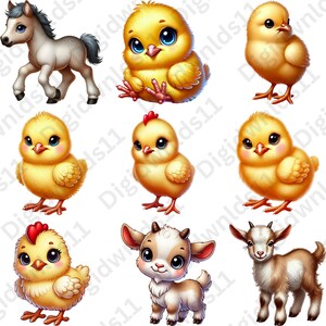 This is 9 of the 70 baby farm animals included in this PNG sublimation bundle digital download including one pony, 6 chicks, and 2 baby goats.