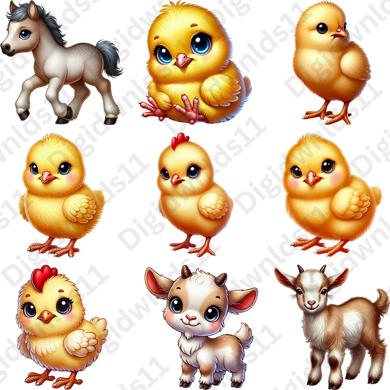 This is 9 of the 70 baby farm animals included in this PNG sublimation bundle digital download including one pony, 6 chicks, and 2 baby goats.