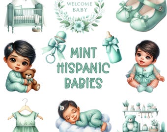 Mint Hispanic Babies Clipart Bundle: Watercolor PNG Images (Digital Download