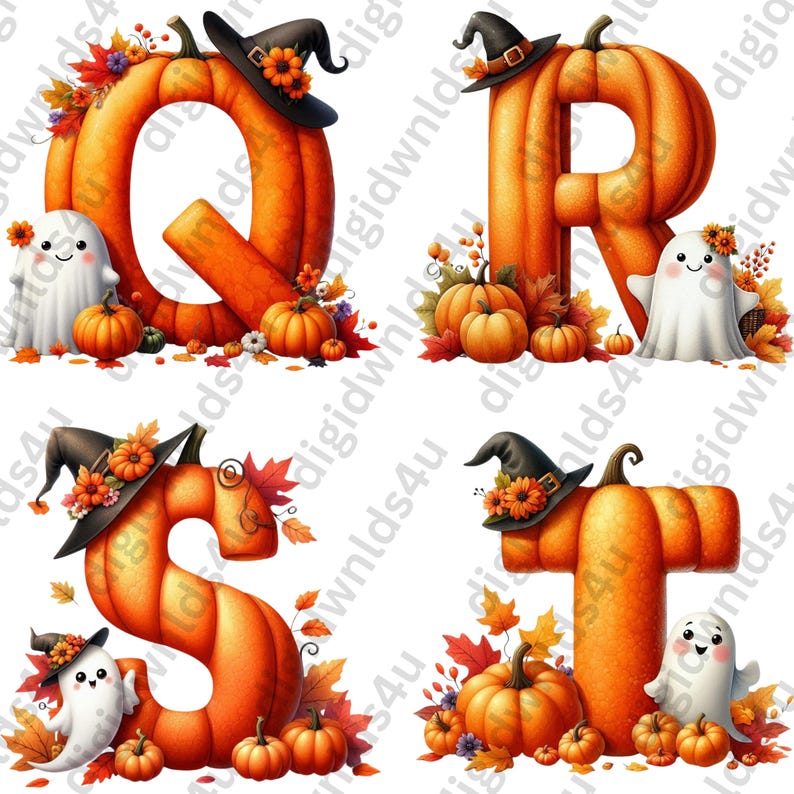 Featured here are four of the 26 letters carved from pumpkins with fall leaves and foliage, pumpkins, a witch's hats, and cute ghosts adorning the letters. The letters shown are: Q, R, S, T