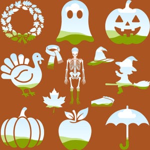 May include: A collection of seasonal icons on a brown background, including a wreath, ghost, jack-o'-lantern, turkey, scarf, skeleton, witch hat, witch on a broomstick, maple leaf, slice of pie, pumpkin, apple, and an umbrella, all with a sky and grass fill.