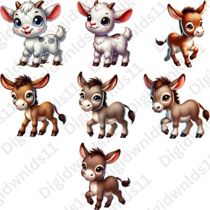 This is 7 of the 70 baby farm animals included in this PNG sublimation bundle digital download including 2 goats and 5 donkeys.