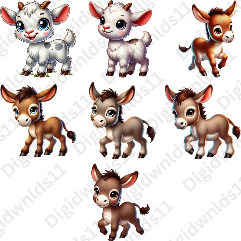 This is 7 of the 70 baby farm animals included in this PNG sublimation bundle digital download including 2 goats and 5 donkeys.