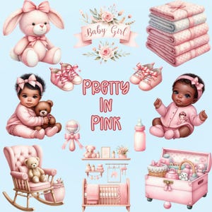 68 Pretty in Pink: zwarte babymeisje PNG-clipart en sublimatiebundel digitale download - afbeeldingen Afro meisje babyshower - commercieel gebruik