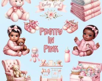 Pink Afro Baby Girl Clipart PNG Bundle: Baby Shower designs Commercial Use (Digital Download
