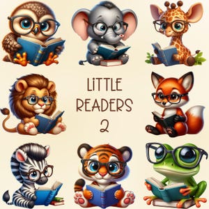 Pacote de sublimação digital para download de 45 pequenos leitores 2 clipart PNG - Imagens para amantes de livros de animais bebês - Uso comercial e POD