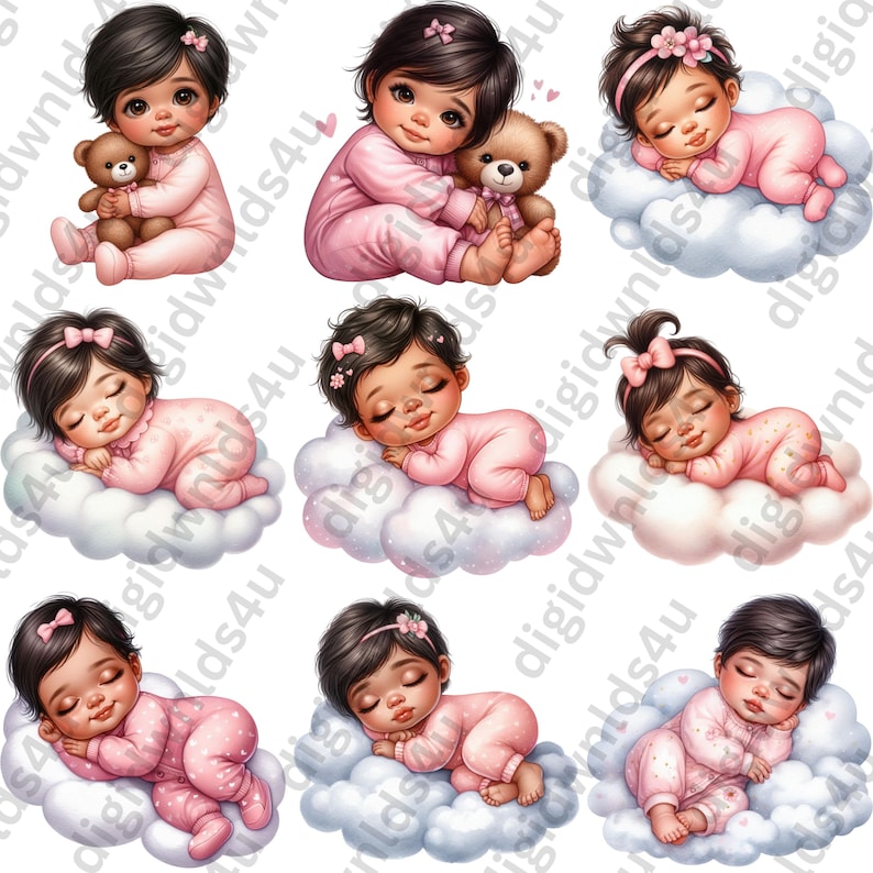 Featured here are nine of the 72 Pretty in Pink images included in this bundle which are two latina babies dressed in pink pajamas and snuggling teddy bears and seven sleeping on clouds,