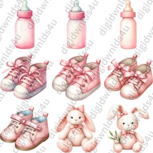 Featured here are nine of the 72 pink images included in this bundle which are three baby bottles, two pairs of tennis shoes with ribbon laces, two pairs of dress shoes, and two stuffed bunnies.