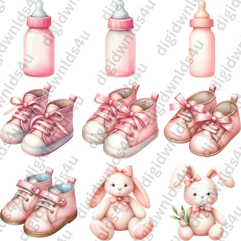 Featured here are nine of the 72 pink images included in this bundle which are three baby bottles, two pairs of tennis shoes with ribbon laces, two pairs of dress shoes, and two stuffed bunnies.