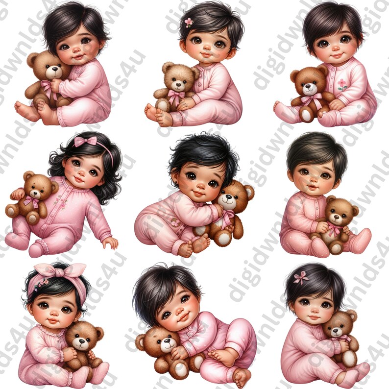 Featured here are nine of the 72 Pretty in Pink images included in this bundle which are nine latina baby girls dressed in pink pajamas cuddling with teddy bears