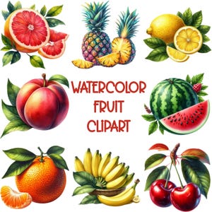 65 Aquarell Obst Clipart PNG und SVG Sublimationspaket Digitaler Download - Lebendige Farben - Realistisches Fruchtmotiv - Kommerzielle Nutzung