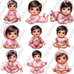 Featured here are nine of the 72 Pretty in Pink images included in this bundle which are nine latina babies sitting or laying and wearing pink in a variety of looks and poses