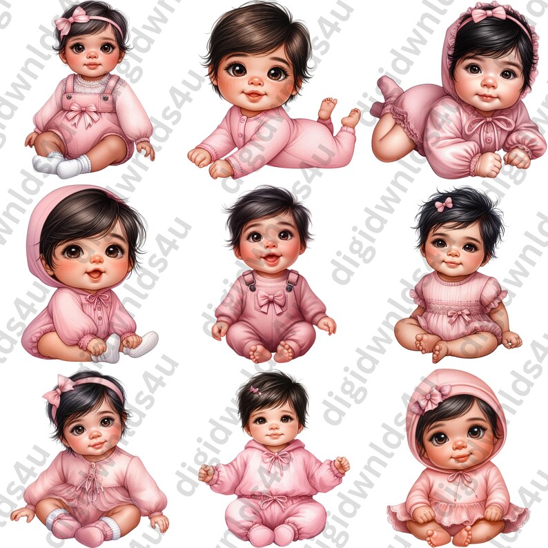 Featured here are nine of the 72 Pretty in Pink images included in this bundle which are nine latina babies sitting or laying and wearing pink in a variety of looks and poses