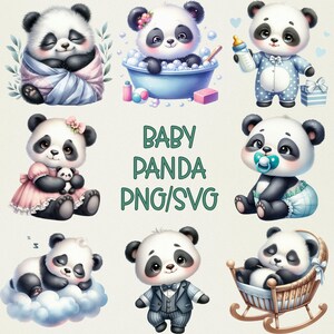 66 Cliparts de Bebê Panda em Aquarela PNG e Pacote de Sublimação SVG para Download Digital - Arte Infantil - Imagens de Animais - Panda PNG - Uso Comercial