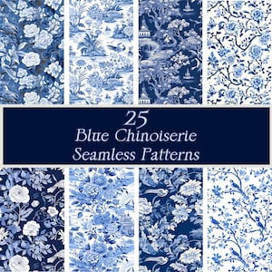 Blue Chinoiserie Seamless Patterns: Asian Floral Designs (PNG Digital Download)