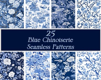 Blue Chinoiserie Seamless Patterns: Asian Floral Designs (PNG Digital Download)