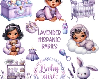 Lavender Hispanic Babies Clipart PNG Bundle: Baby Shower Art (Commercial Use, Digital Download