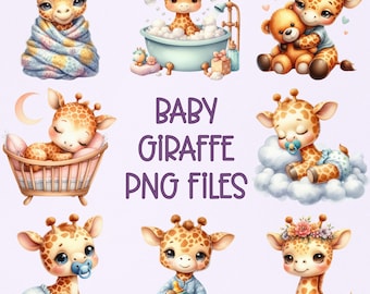 Paquete de imágenes prediseñadas de jirafa bebé en acuarela: Imágenes PNG de arte infantil (descarga digital, uso comercial)