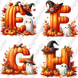Featured here are four of the 26 letters carved from pumpkins with fall leaves and foliage, pumpkins, a witch's hats, and cute ghosts adorning the letters. The letters shown are: E, F, G,H