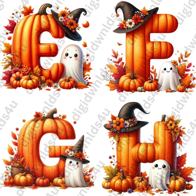 Featured here are four of the 26 letters carved from pumpkins with fall leaves and foliage, pumpkins, a witch's hats, and cute ghosts adorning the letters. The letters shown are: E, F, G,H