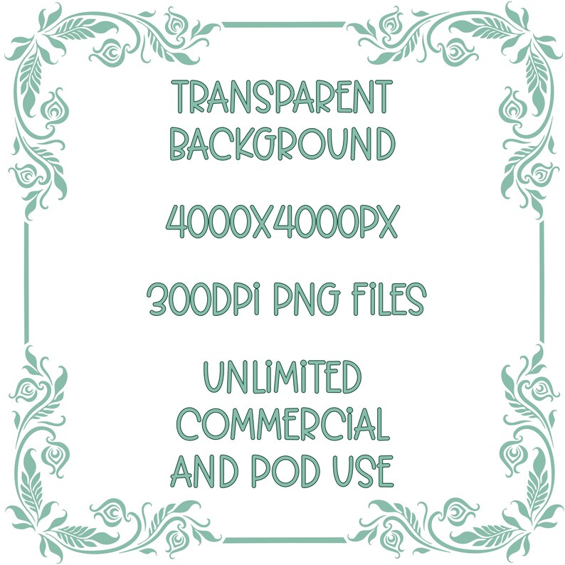 This displays the features included with each downloaded image which are a transparent background, 4000x4000px, 300 dpi, PNG Files, and have unlimited commercial and POD (print on demand) use.