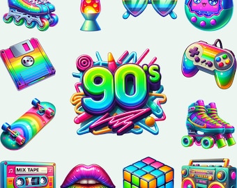 Paquete de sublimación PNG de arcoíris neón de los 90: Gráficos retro (descarga digital)