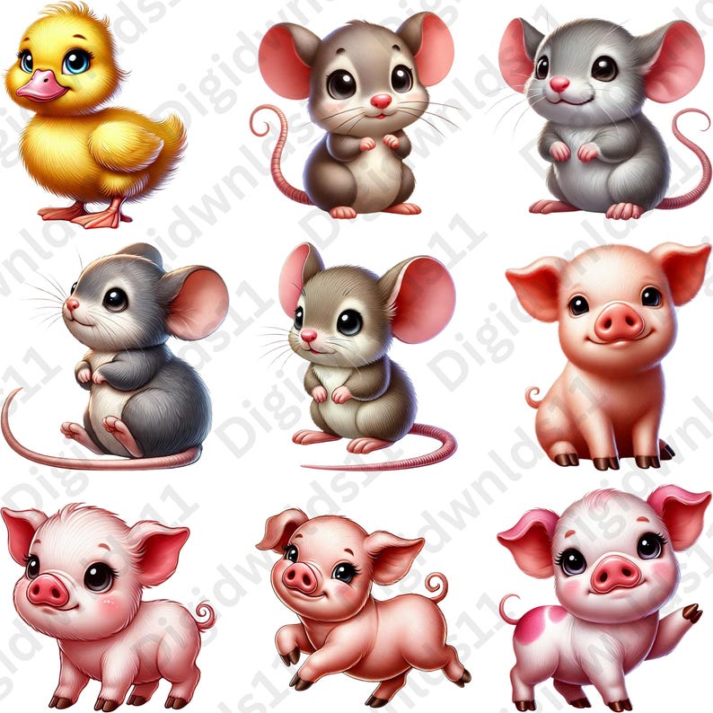 This is 9 of the 70 baby farm animals included in this PNG sublimation bundle digital download including one duck, 4 mice, and 4 piglets.
