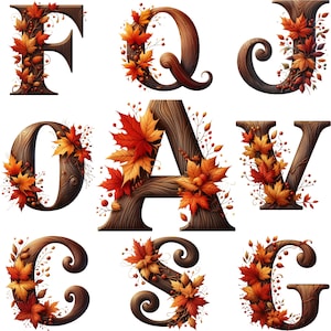 May include: Nine wooden letters, F, Q, J, O, A, V, C, S, and G, are displayed. Each letter is adorned with autumn-colored leaves and berries. The letters have a wood grain texture, and the leaves are in shades of red, orange, and yellow.