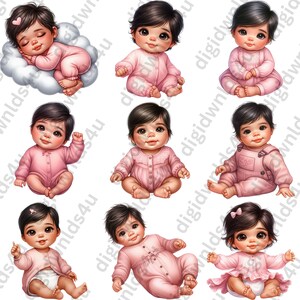 Featured here are nine of the 72 Pretty in Pink images included in this bundle which is one latina baby dressed in pink pajamas and sleeping on a cloud and eight latina babies sitting or laying and wearing pink.