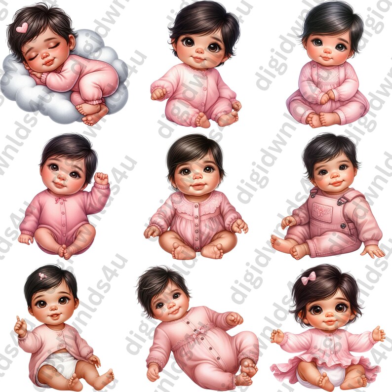 Featured here are nine of the 72 Pretty in Pink images included in this bundle which is one latina baby dressed in pink pajamas and sleeping on a cloud and eight latina babies sitting or laying and wearing pink.