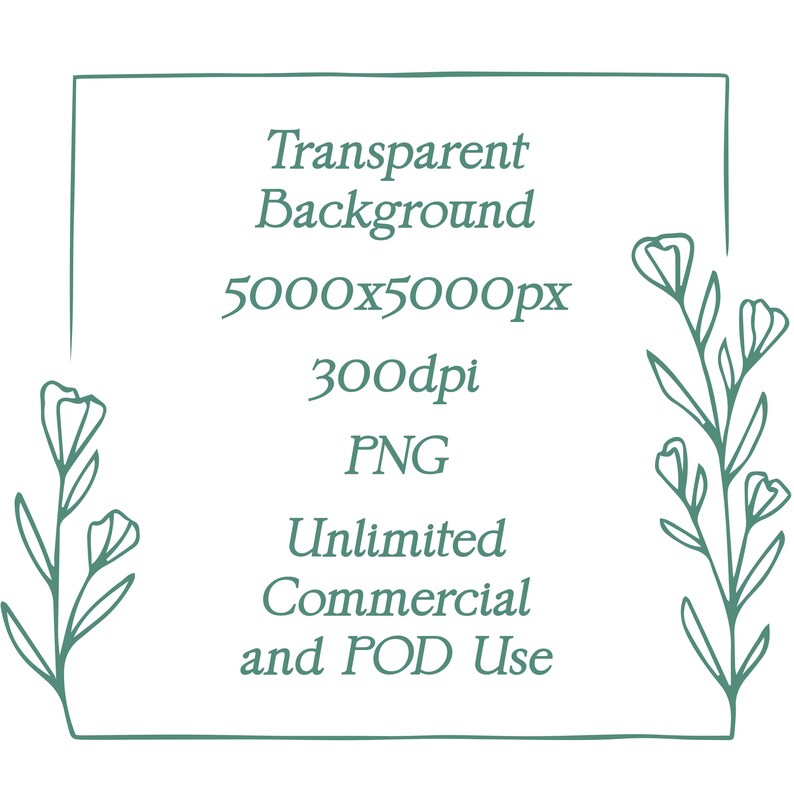 This displays the features included with each downloaded image which are a transparent background, 5000x5000px, 300 dpi, PNG Files, and have unlimited commercial and POD (print on demand) use.
