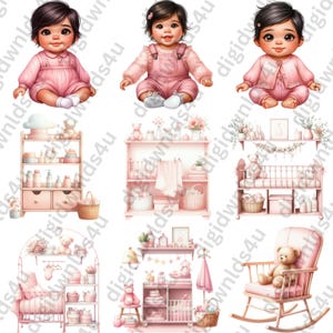 Featured here are nine of the 72 Pretty in Pink images included in this bundle which are three latina babies sitting and wearing pink, five  nursery shelves with and without changing tables, and one rocking chair with a teddy bear sitting in it.
