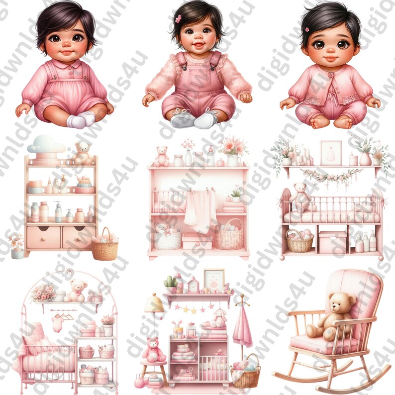 Featured here are nine of the 72 Pretty in Pink images included in this bundle which are three latina babies sitting and wearing pink, five  nursery shelves with and without changing tables, and one rocking chair with a teddy bear sitting in it.
