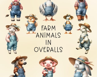 Watercolor Farm Animals in Overalls Clipart Bundle: PNG Files (Digital Download, Commercial Use)