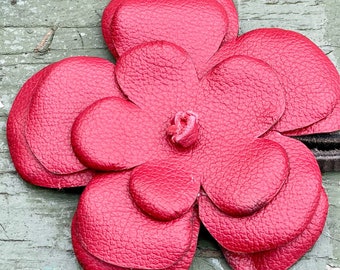 Red Leather Flower Brooch: Handmade Statement Piece