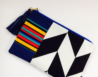 Chevron African Print Clutch: Black & White Cosmetic Bag with Tassel