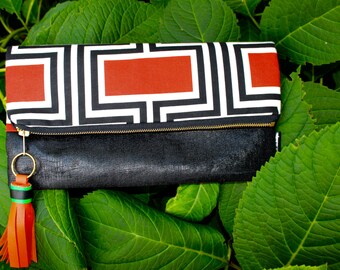 Orange and Black Fold Over Clutch, Orange Geometric Clutch, Handmade Bags, Gift Guide, Fashion Trend, Mod Bag