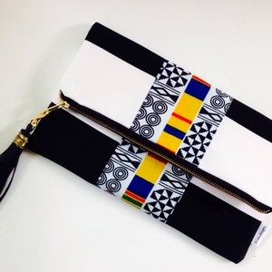 Black and White Clutch, Stripe Foldover Clutch Bag, Tribal Print Clutch Bag, Summer Clutch, Bridesmaids Gift image 1