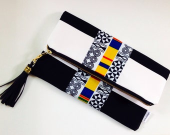 Black and White Clutch, Stripe Foldover Clutch Bag, Tribal Print Clutch Bag, Summer Clutch, Bridesmaids Gift