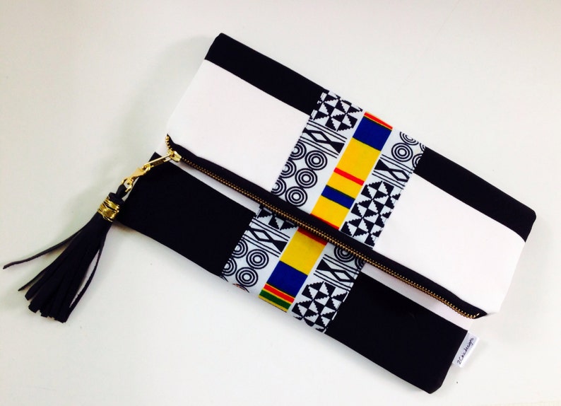 Black and White Clutch, Stripe Foldover Clutch Bag, Tribal Print Clutch Bag, Summer Clutch, Bridesmaids Gift image 1