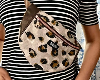 Leopard Print Sling Bag, Cross Over Bag with Faux Leather Trim