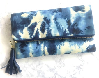 Blue tie dye fold over bag, blue clutch bag,