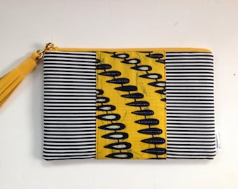 Striped Zipper Pouch: Navy, White, and African Print Cosmetic Bag