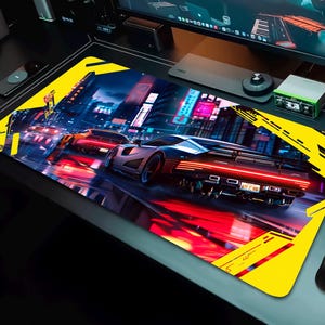Cyberpunk Gaming Mousepad, Cyberpunk City Desk Mat, Cyberpunk Style, Keyboard Mat, Neon City, Gift For Gamers, Non-slip Rubber Backing.