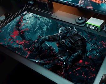 Tapis de bureau de jeu Witch Hunter, grand tapis de souris, tapis de souris de jeu, différentes tailles, RPG, chevalier médiéval, tueur de monstres, cadeau pour les joueurs.